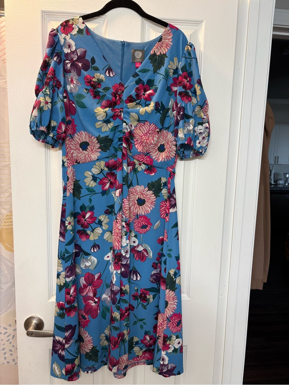 Vince Camuto Blue Floral Midi Dress with Puff Sleeves